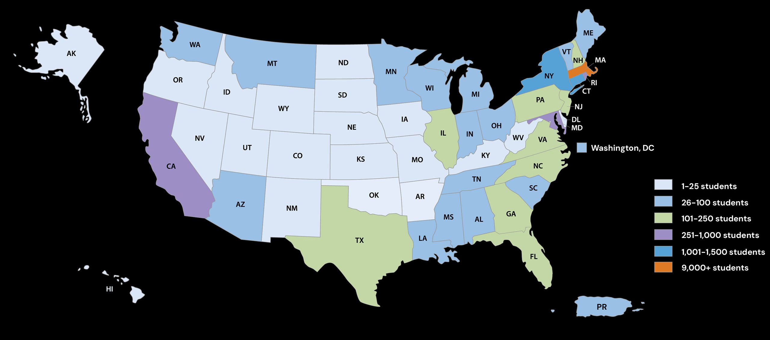 map of United States showing geographic representation of BSCP students since 1991